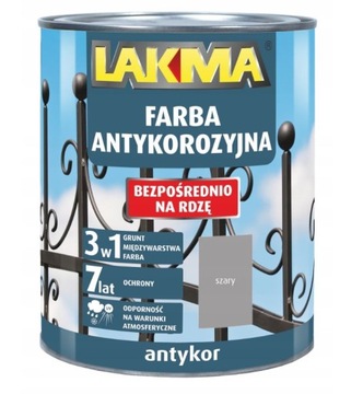 FARBA NA RDZĘ ANTYKOR 3w1 SZARY 0,75L LAKMA