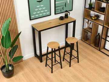 STYLOWA WYSPA KUCHENNA Z DWOMA HOKERAMI REMI DĄB PODSTAWA METALOWA CZARNY