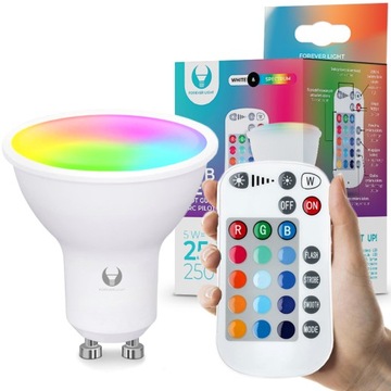 ŻARÓWKA LED GU10 5W RGB + BIAŁY ŚCIEMNIANA ZMIANY KOLORU KOLOROWA PILOT