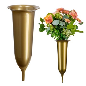 WAZON FLAKON NA CMENTARZ 23cm KWIATY SZTUCZNE NAGROBEK WBIJANY SZPIC ZŁOTY