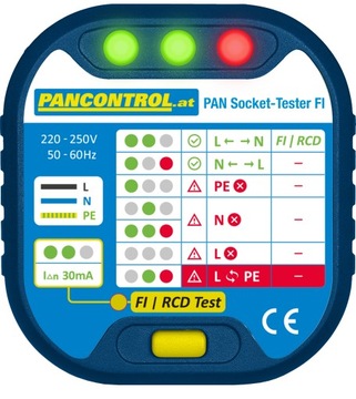 Tester, sprawdzian gniazdek sieciowych 230V z testem FI 30 mA PANCONTROL
