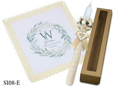 КРЕЩЕННАЯ СВЕЧА БЕЛАЯ РОБ и КОРОБКА ДЛЯ КРЕЩЕННОЙ СВЕЧИ кружево Е инициал