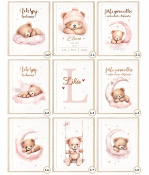 Zestaw 3 plakaty A4 misie z balonami róż dla dziewczynki imię Różne wzory