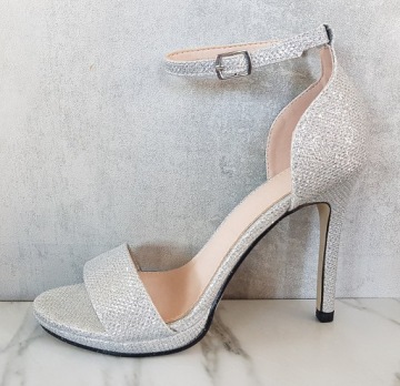 СЕРЕБРЯНЫЕ САНДАЛИИ С БЛЕСКАМИ ЭЛЕГАНТНЫЕ ТУФЛИ НА ВЫСОКИХ КАБЛУКАХ 37