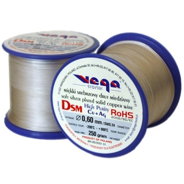 Drut miedziany srebrzony DSM ⌀ 0,60 mm Masa : 250g