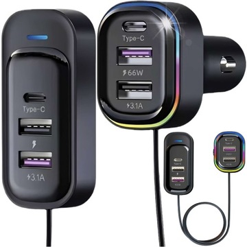 ŁADOWARKA SAMOCHODOWA 4x USB 2x USB-C typ C PD 66W ROZDZIELACZ SZYBKA MOCNA