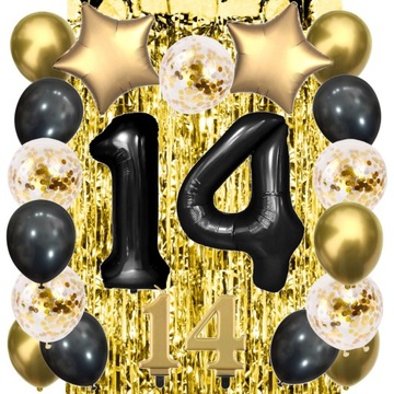 BALONY ZESTAW 14 Urodziny CHROM CZARNY ZŁOTY ROCZNICA 100 cm