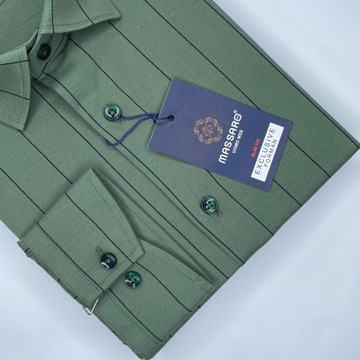 Elegancka zielona PREMIUM koszula męska z lycrą w paski SLIM-FIT