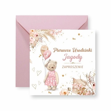 ZAPROSZENIA NA ROCZEK + IMIĘ + KOPERTA MIŚ BOHO
