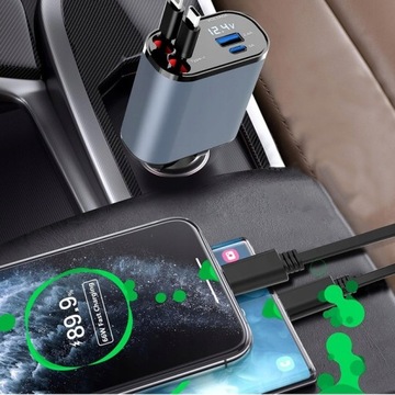 WYSUWANA ŁADOWARKA SAMOCHODOWA OBROTOWA 120 W USB-C+ OŚWIETLENIE ZAPALNICZKA