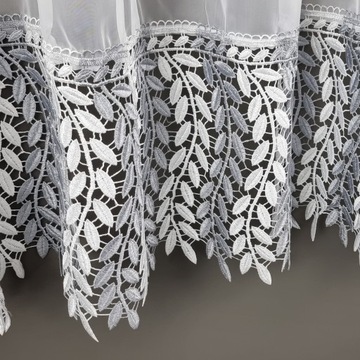 Штора 500х220 вуаль-лента ШИРОКОЕ гипюровое кружево ЛИСТЬЯ БЕЛОЕ СЕРОЕ 30см