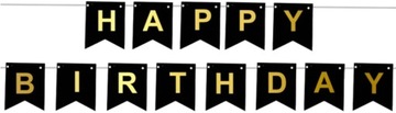 BANER FLAGI GIRLANDA CZARNA ZŁOTA HAPPY BIRTHDAY