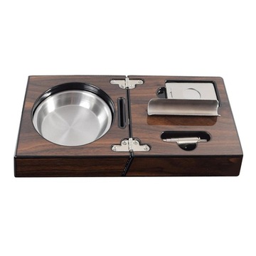 Wood Case Cigar Ashtray W/ Cigar Cutter, Cigar Punch, Cigar Slot