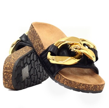 ТАПОЧКИ ЖЕНСКИЕ С ПРОБКОЙ, ЧЕРНЫЕ, ПРОФИЛИРОВАННАЯ ЦЕПОЧКА