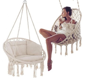 КРЕСЛО КАЧЕШКИ STORK NEST GARDEN + ПОДУШКА МАКРАМЕ БОХО, БЕЖЕВЫЙ