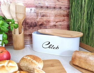 Эмалированная хлебница с бамбуковой крышкой, белая доска