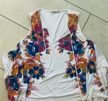Desigual kolorowa letnia bluzka, elastan + viskoza r. L wzór 3D kwiaty