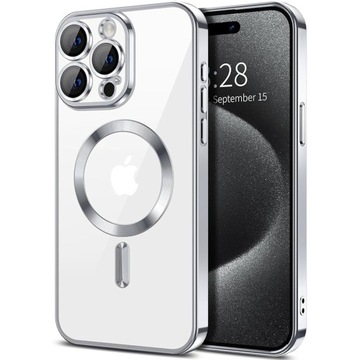Eleganckie etui do Apple Iphone 15 Pro Max, srebrne plecki, cover MagSafe