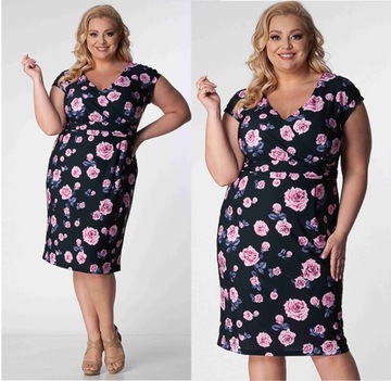 Elegancka Kopertowa letnia sukienka Plus Size Kwiaty (46-56) tu 48 XXXXL