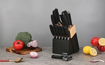 NOŻE KUCHENNE ZESTAW KOMPLET NOŻY W BLOKU STOJAK 15 EL. OBIERACZKA NOŻYCZKI