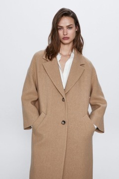 wełniany długi płaszcz z guzikami camel Zara XS 34