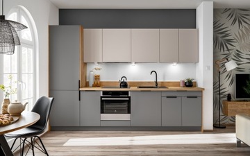 Кухонная мебель NOVO 300 см, комплект кухонных шкафов с вытяжкой, кашемир/серый