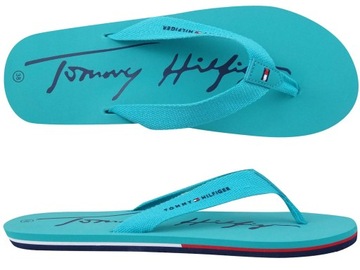 TOMMY HILFIGER FLIP FLOP JAPONKI KLAPKI PLAŻOWE BASENOWE TURKUSOWE