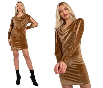 Koktajlowa SUKIENKA welur lejący dekolt camel L/XL