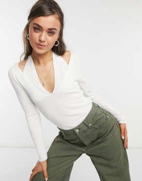 Topshop Biały dzianinowy sweter z wycięciami XL