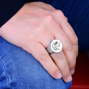 925K Silver Men's Wolf Ring, Intricate Wolf Head Embroidery Design,