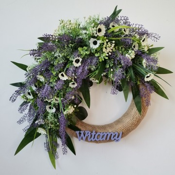 Дверной венок ДОБРО ПОЖАЛОВАТЬ весна ЛАВАНДА свадебный фиолетовые цветы 40см