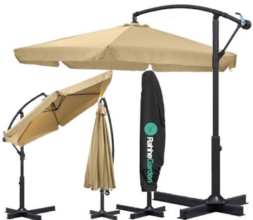 PARASOL ogrodowy 350cm SKŁADANY SOLIDNY z WYSIĘGNIKIEM FALBANĄ + POKROWIEC