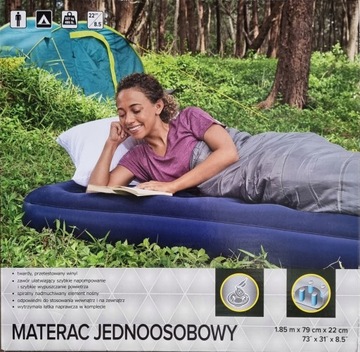 Materac dmuchany 1 osobowy welurowy namiot biwak niebieski