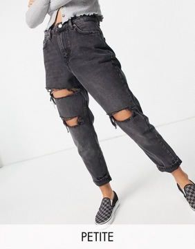 Topshop Petite Czarne mom jeans z dziurami 28/28
