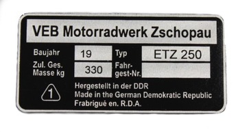 TABLICZKA ZNAMIONOWA MZ ETZ 250 + NITY
