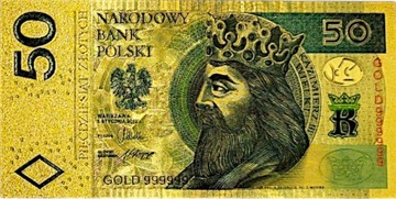 Красивая коллекционная позолоченная банкнота из ПВХ номиналом 50 злотых KAZIMIERZ III THE GREAT