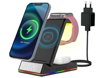 ŁADOWARKA BEZPRZEWODOWA INDUKCYJNA 3W1 IPHONE ZE ŚWIATŁEM LED RGB ZEGAR