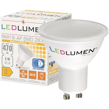 Żarówka LED GU10 PAR16 5W=40W SMD 470lm 120° Energooszczędna Brak Migotania