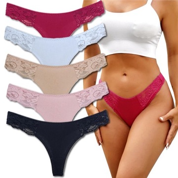 5x PIĘKNE BAWEŁNIANE NAJLEPSZEJ JAKOŚCI STRINGI PRĄŻKOWANE KORONKOWE L/XL