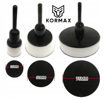 Talerz dysk 25, 50, 75mm na trzpieniu 6mm gumowy na rzep Kormax ZESTAW 3szt