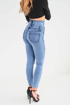 Damskie dekatyzowane spodnie jeansowe rurki wysoki stan wiązanie z tyłu M
