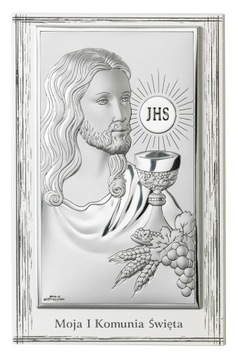 OBRAZEK JEZUS PAMIĄTKA I KOMUNII ŚW. NA BIAŁYM DREWNIE 11,5x17,5 CM
