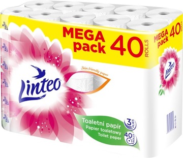 LINTEO PAPIER TOALETOWY BEZZAPACHOWY 40 ROLEK 600 METRÓW 3 WARSTWY BIAŁY