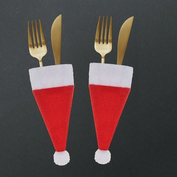 ШАПКА САНТА ДЛЯ ДЕКОРА СТОЛОВЫХ ПРИБОРОВ И БУТЫЛОК 10 шт.