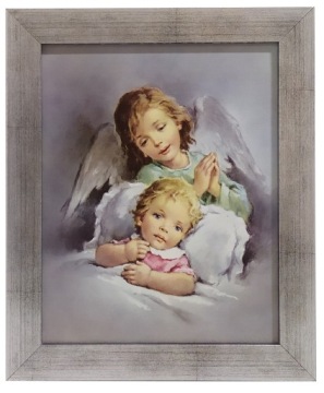 OBRAZ ŚW. ANIOŁA STRÓŻA ANIOŁKA 25X30 SREBRNA RAMA