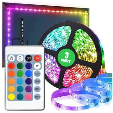 TAŚMA LED RGB USB Z PILOTEM 3M PODŚWIETLENIE TV REGULACJA JASNOŚC KOLORY 3m