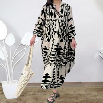 Women Print Long Sleeve Dress V-neck Long Sleeve H