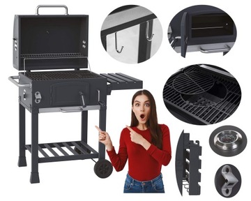 3w1 GRILL WĘGLOWY POPIELNIK OTWIERACZ RUSZT ŻELIWNY 41,5 X 57CM PÓŁKA KÓŁKA