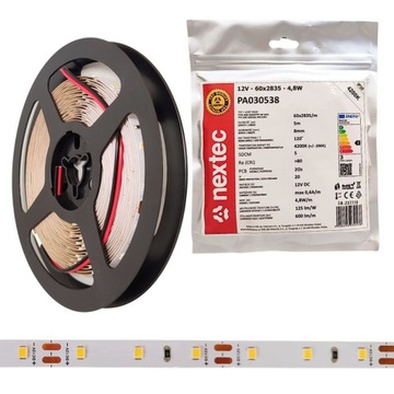 Taśma LED 12V 5 METRÓW 24W 3000lm 4200K barwa neutralna IP20 NEXTEC