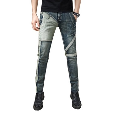 Motocycle Jeans Men Stretch Slim Skinny Patchwork